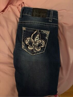 Dark Blue Jeans with Embellished Fleur-de-Lis Pocket